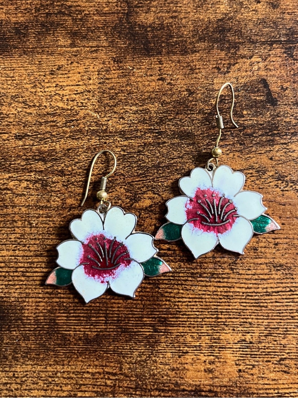 Vintage Floral White and Red Enamel Drop Earrings
